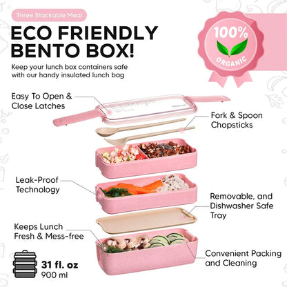 3-In-1 Compartment Wheat Straw Bento Box Reusable Tableware Lunch Containers Meal and Snack Food Containers Portable Lunch Box