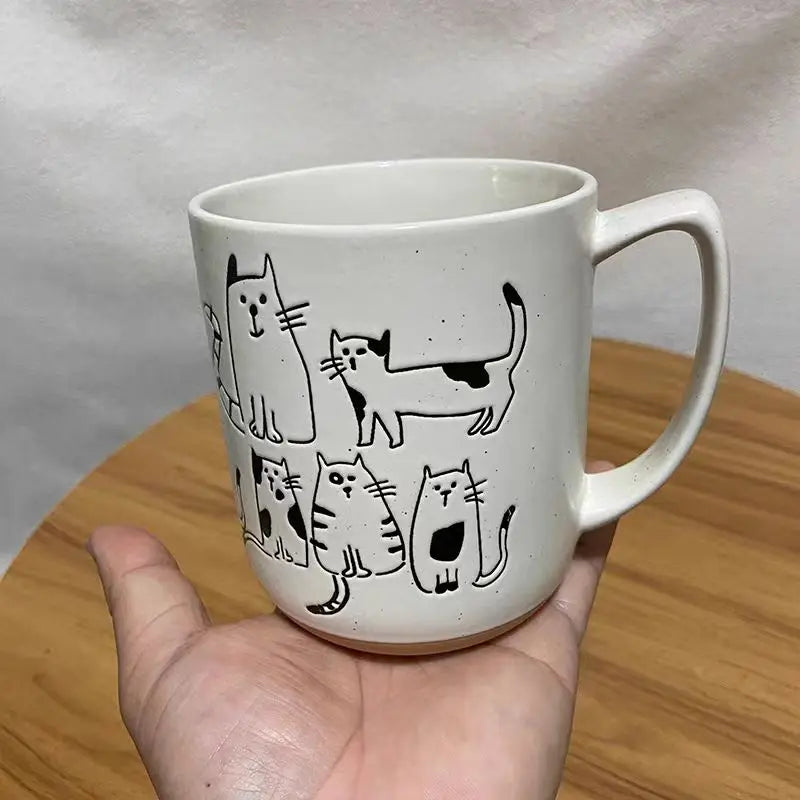 450ML Creative Hand-painted Ceramic Mug Vintage Cartoon Animal Kitten Milk Coffee Cup Kawaii Cat Nordic Kitchen Coffee Mugs Gift