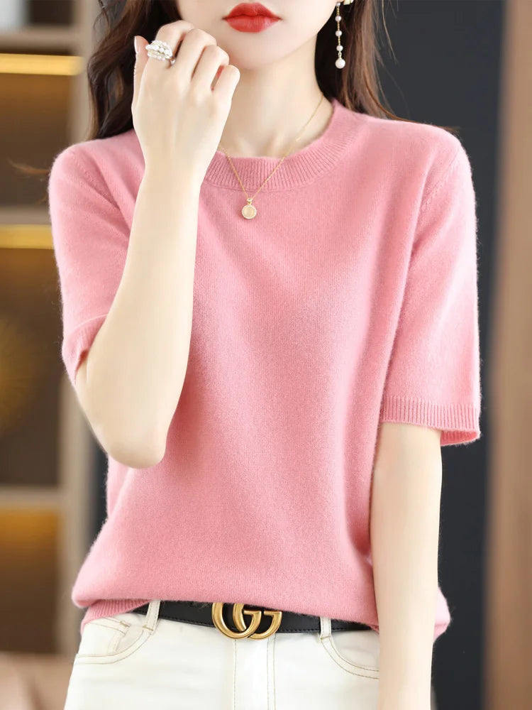 Women Merino Wool Sweater Cashmere Pullover Fashion Basic  O-Neck Knitwear Short Sleeve Elegant T-Shirt Clothing Tops