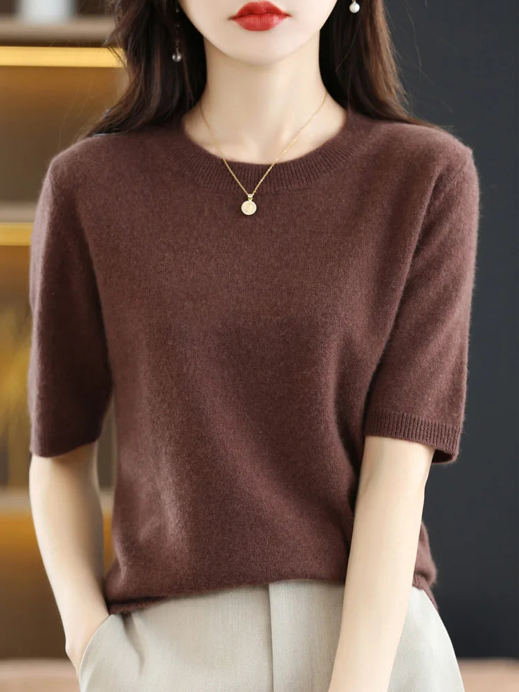 Women Merino Wool Sweater Cashmere Pullover Fashion Basic  O-Neck Knitwear Short Sleeve Elegant T-Shirt Clothing Tops