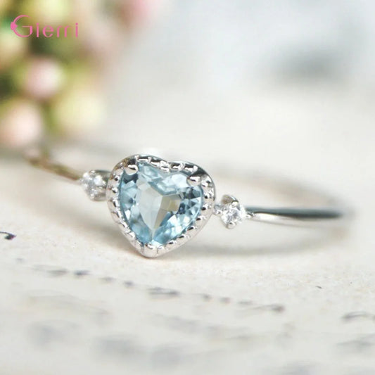 Luxury 925 Sterling Silver Blue Cubic Zricon Wedding Rings for Women Minimalist Thin Heart Zirconia Rings Jewelry Bijoux