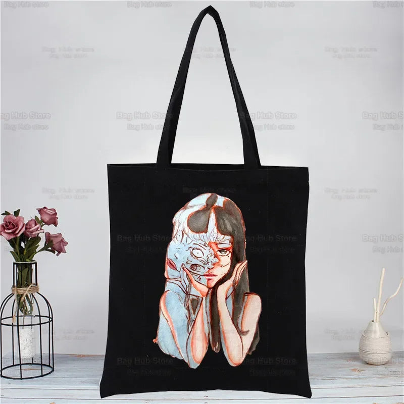 Junji Ito Tomie Shintaro Kago Horror Japan Manga Canvas Tote Black Bags Harajuku Casual Tote Eco Shopper Shoulder Bags