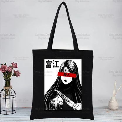 Junji Ito Tomie Shintaro Kago Horror Japan Manga Canvas Tote Black Bags Harajuku Casual Tote Eco Shopper Shoulder Bags