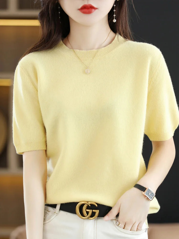 Women Merino Wool Sweater Cashmere Pullover Fashion Basic  O-Neck Knitwear Short Sleeve Elegant T-Shirt Clothing Tops