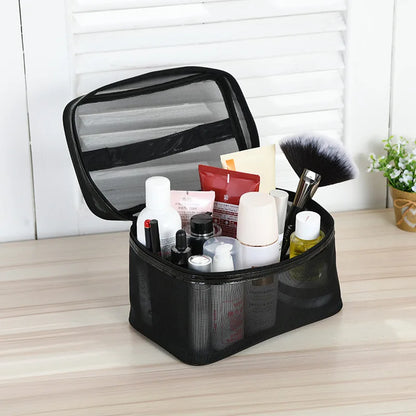 Large Capacity Makeup Bag Black Mesh Women Travel Cosmetic Bag Mirror Brush Toiletry Lipsticks Organizer Storage Bag Custom Seal