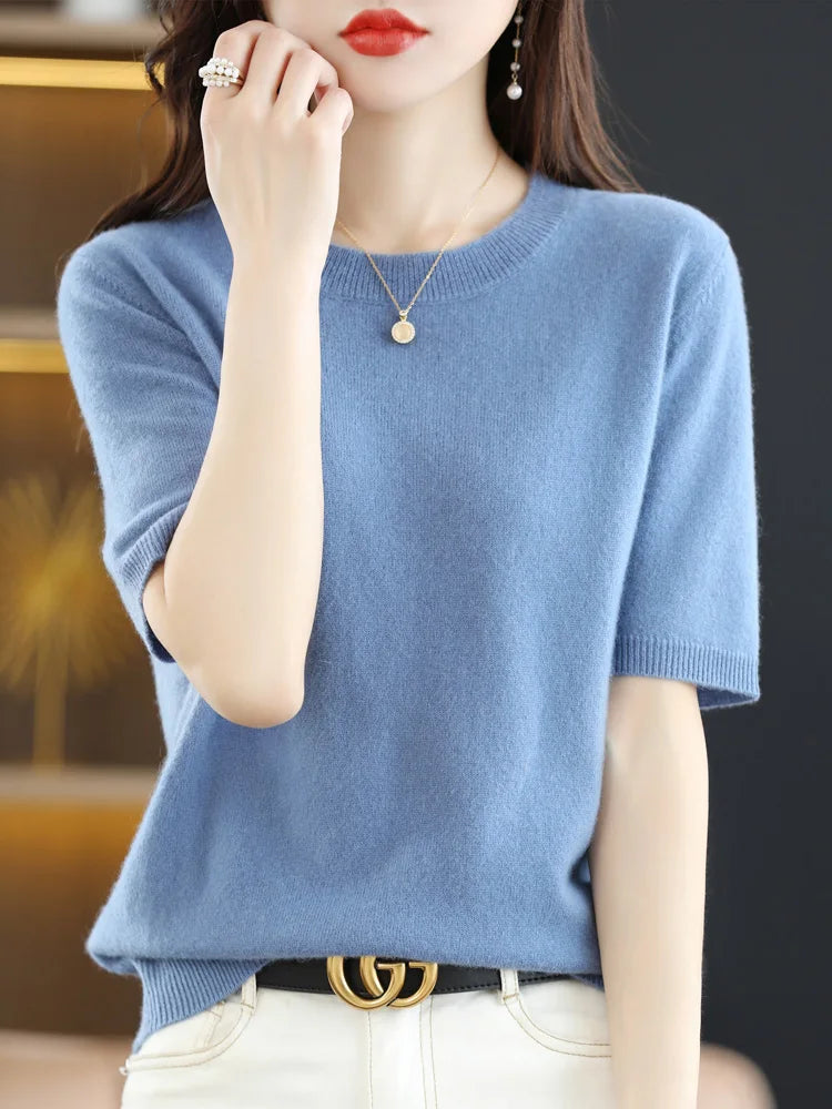 Women Merino Wool Sweater Cashmere Pullover Fashion Basic  O-Neck Knitwear Short Sleeve Elegant T-Shirt Clothing Tops