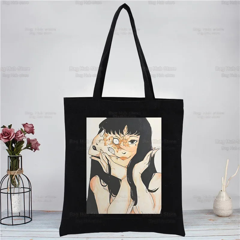 Junji Ito Tomie Shintaro Kago Horror Japan Manga Canvas Tote Black Bags Harajuku Casual Tote Eco Shopper Shoulder Bags