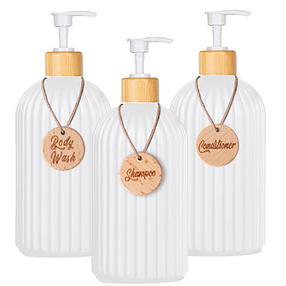 Strip Soap Dispenser with Bamboo Pump Refillable Shampoo Conditioner Hands and Dishes Soap Dispenser Bottle for Kitchen Bathroom