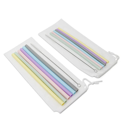 Kitchen Accessory Reusable Silicone Drinking Straws Foldable Flexible Straw with Cleaning Brushes Kids' Party Supplies Bar Tools