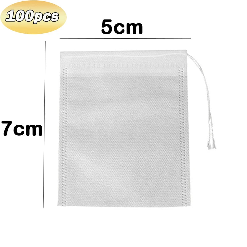 100Pcs Disposable Teabags Non-Woven Fabric Tea Filter Bag for Spice Tea Infuser with Draw String Filter Paper for Herb Loose Tea