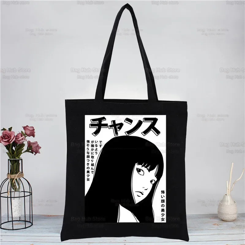 Junji Ito Tomie Shintaro Kago Horror Japan Manga Canvas Tote Black Bags Harajuku Casual Tote Eco Shopper Shoulder Bags