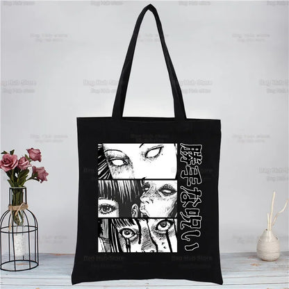 Junji Ito Tomie Shintaro Kago Horror Japan Manga Canvas Tote Black Bags Harajuku Casual Tote Eco Shopper Shoulder Bags