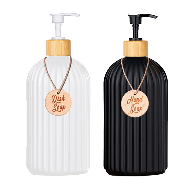 Strip Soap Dispenser with Bamboo Pump Refillable Shampoo Conditioner Hands and Dishes Soap Dispenser Bottle for Kitchen Bathroom