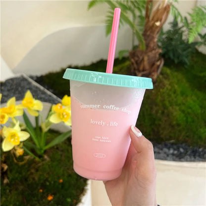 Kawaii Water Bottle For Coffee Juice Tea Cute Tumbler Plastic Cups With Straw Lid Portable Reusable Drinking Bottle BPA Free