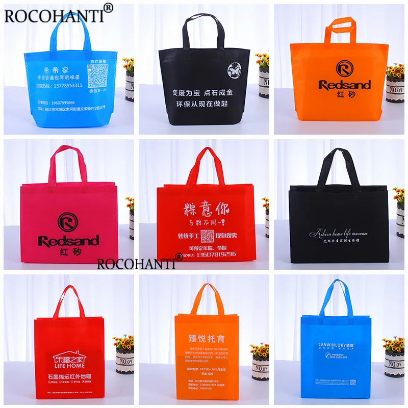 100x Custom LOGO Eco Reusable Foldable Non-woven Fabric Gift Bag Non Woven Shopping Tote Bag with Handle for Supermarket Grocery