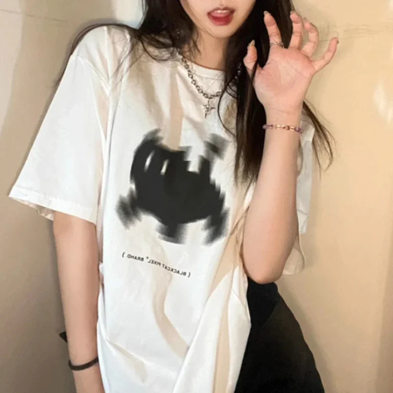 Summer Aesthetic Print Short Sleeve T-shirts Basic Streetwear Tops Y2k Women Casual Harajuku Gothic O Neck Tees Clothing