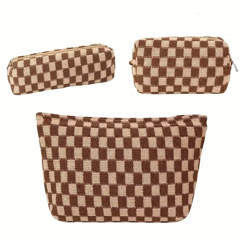 3 Pcs Makeup Bag Set Checkered Cosmetic Bag Large Capacity Travel Toiletry Bag Organizer Cute Makeup Brush Storage Bag For Women