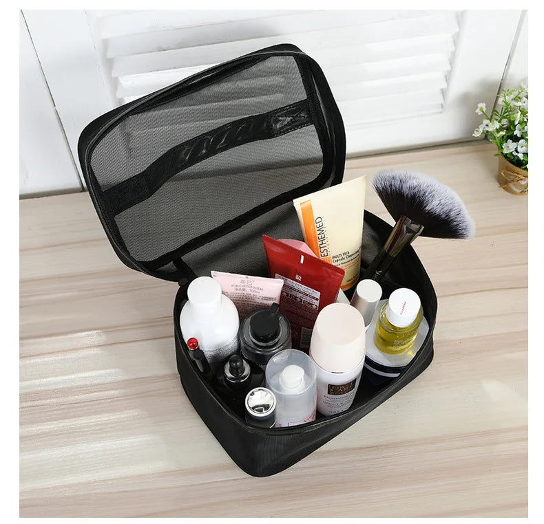 Large Capacity Makeup Bag Black Mesh Women Travel Cosmetic Bag Mirror Brush Toiletry Lipsticks Organizer Storage Bag Custom Seal