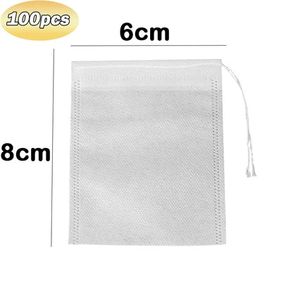 100Pcs Disposable Teabags Non-Woven Fabric Tea Filter Bag for Spice Tea Infuser with Draw String Filter Paper for Herb Loose Tea