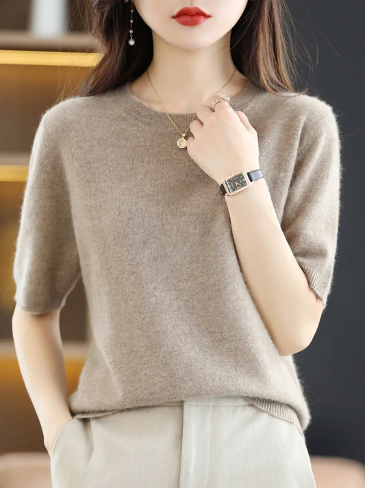 Women Merino Wool Sweater Cashmere Pullover Fashion Basic  O-Neck Knitwear Short Sleeve Elegant T-Shirt Clothing Tops