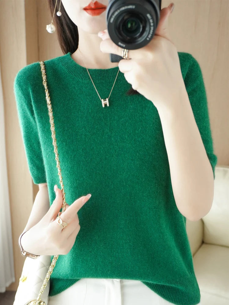 Women Merino Wool Sweater Cashmere Pullover Fashion Basic  O-Neck Knitwear Short Sleeve Elegant T-Shirt Clothing Tops