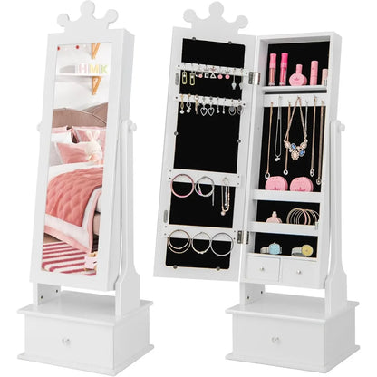 Kids Jewelry Armoire Cabinet, 45” Standing Jewelry Organizer, 3 Storage Drawers, Kids Vanity Dress Up Mirror Jewelry Cabinet