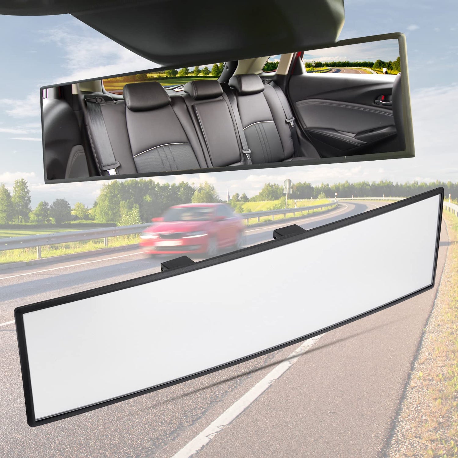 Universal rear view mirror with anti-glare and wide-angle design.