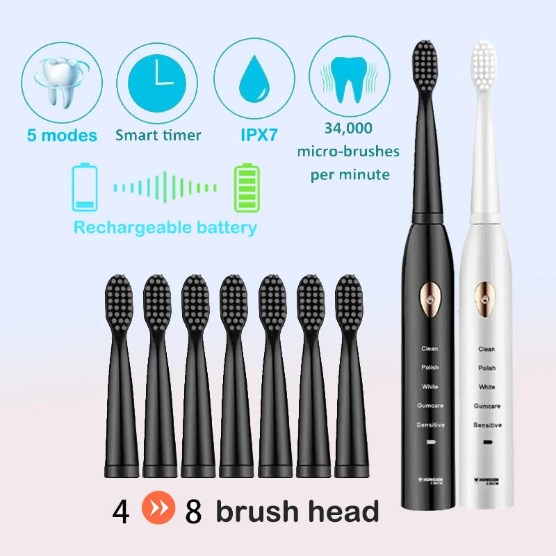 Electric Toothbrush 5-gear Mode USB Charging 4 colors IPX7 Waterproof Ultrasonic Rechargeable Soft Hair Toothbrush Adult Classic