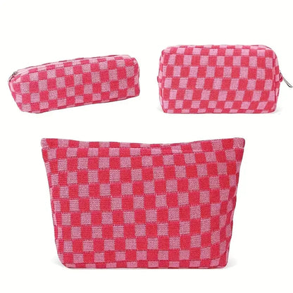 3 Pcs Makeup Bag Set Checkered Cosmetic Bag Large Capacity Travel Toiletry Bag Organizer Cute Makeup Brush Storage Bag For Women