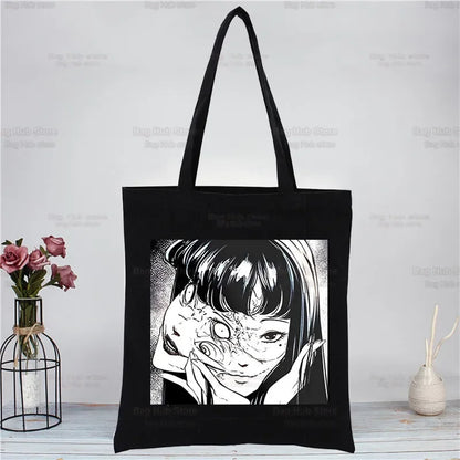 Junji Ito Tomie Shintaro Kago Horror Japan Manga Canvas Tote Black Bags Harajuku Casual Tote Eco Shopper Shoulder Bags