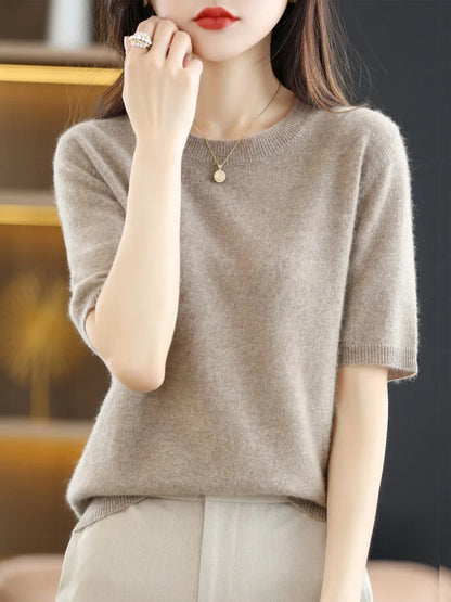 Women Merino Wool Sweater Cashmere Pullover Fashion Basic  O-Neck Knitwear Short Sleeve Elegant T-Shirt Clothing Tops