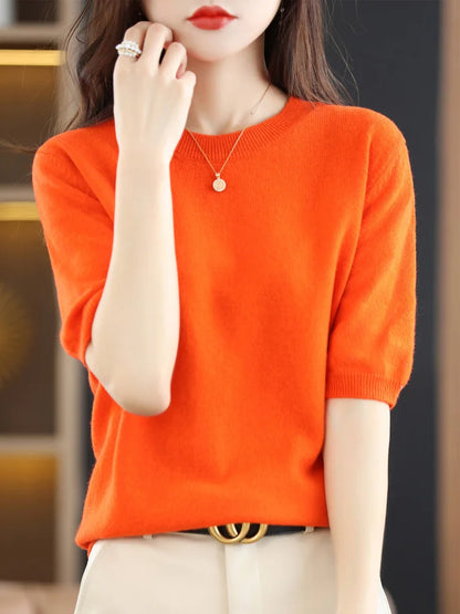 Women Merino Wool Sweater Cashmere Pullover Fashion Basic  O-Neck Knitwear Short Sleeve Elegant T-Shirt Clothing Tops