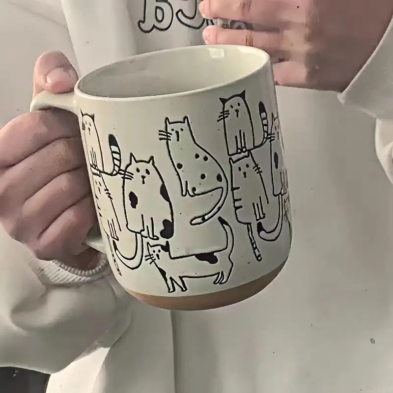 450ML Creative Hand-painted Ceramic Mug Vintage Cartoon Animal Kitten Milk Coffee Cup Kawaii Cat Nordic Kitchen Coffee Mugs Gift