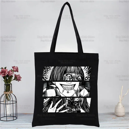 Junji Ito Tomie Shintaro Kago Horror Japan Manga Canvas Tote Black Bags Harajuku Casual Tote Eco Shopper Shoulder Bags