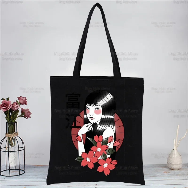 Junji Ito Tomie Shintaro Kago Horror Japan Manga Canvas Tote Black Bags Harajuku Casual Tote Eco Shopper Shoulder Bags