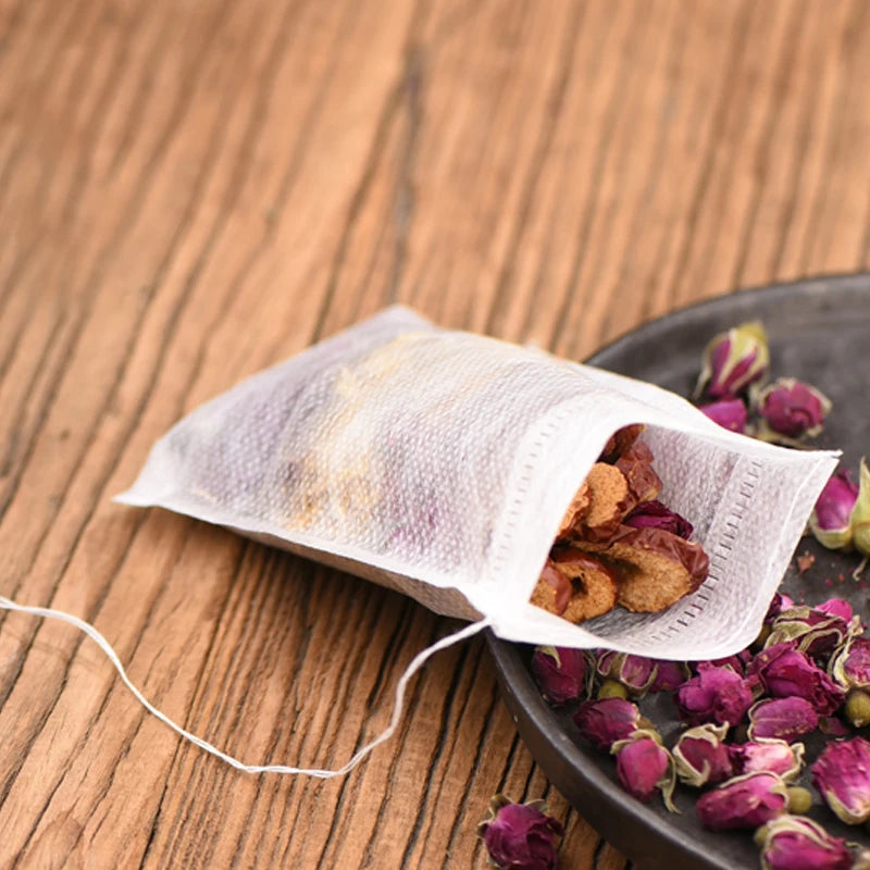 100Pcs Disposable Teabags Non-Woven Fabric Tea Filter Bag for Spice Tea Infuser with Draw String Filter Paper for Herb Loose Tea