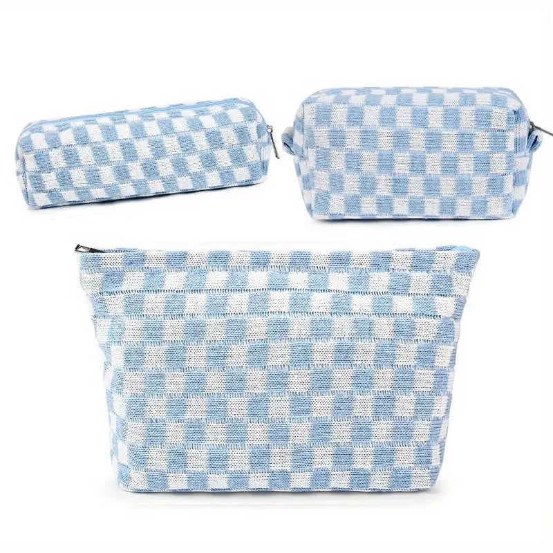 3 Pcs Makeup Bag Set Checkered Cosmetic Bag Large Capacity Travel Toiletry Bag Organizer Cute Makeup Brush Storage Bag For Women