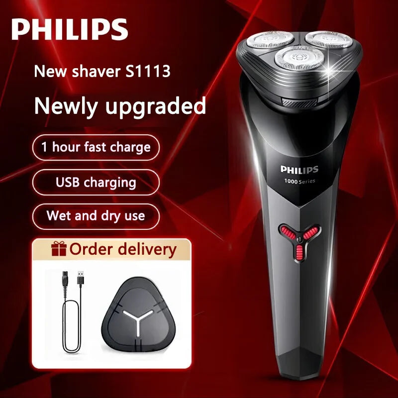 Philips S1113 Electric Shaver for Men USB Charging PowerCut Stainless Steel Blades Ergonomic design Triple floating head