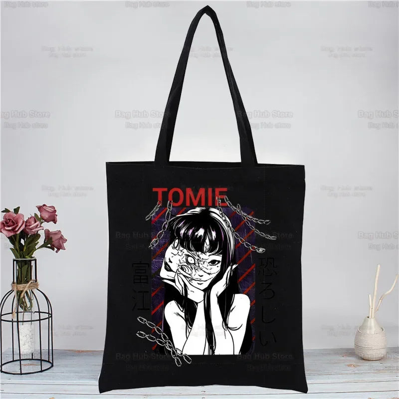 Junji Ito Tomie Shintaro Kago Horror Japan Manga Canvas Tote Black Bags Harajuku Casual Tote Eco Shopper Shoulder Bags