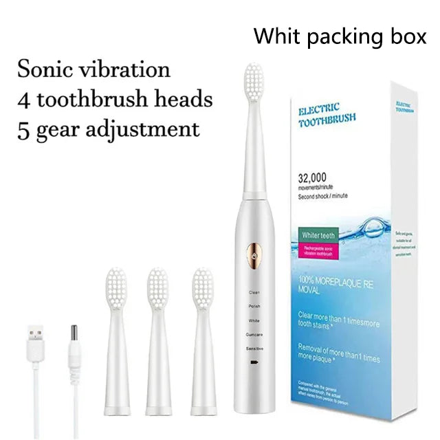 Electric Toothbrush 5-gear Mode USB Charging 4 colors IPX7 Waterproof Ultrasonic Rechargeable Soft Hair Toothbrush Adult Classic