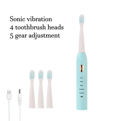 Electric Toothbrush 5-gear Mode USB Charging 4 colors IPX7 Waterproof Ultrasonic Rechargeable Soft Hair Toothbrush Adult Classic