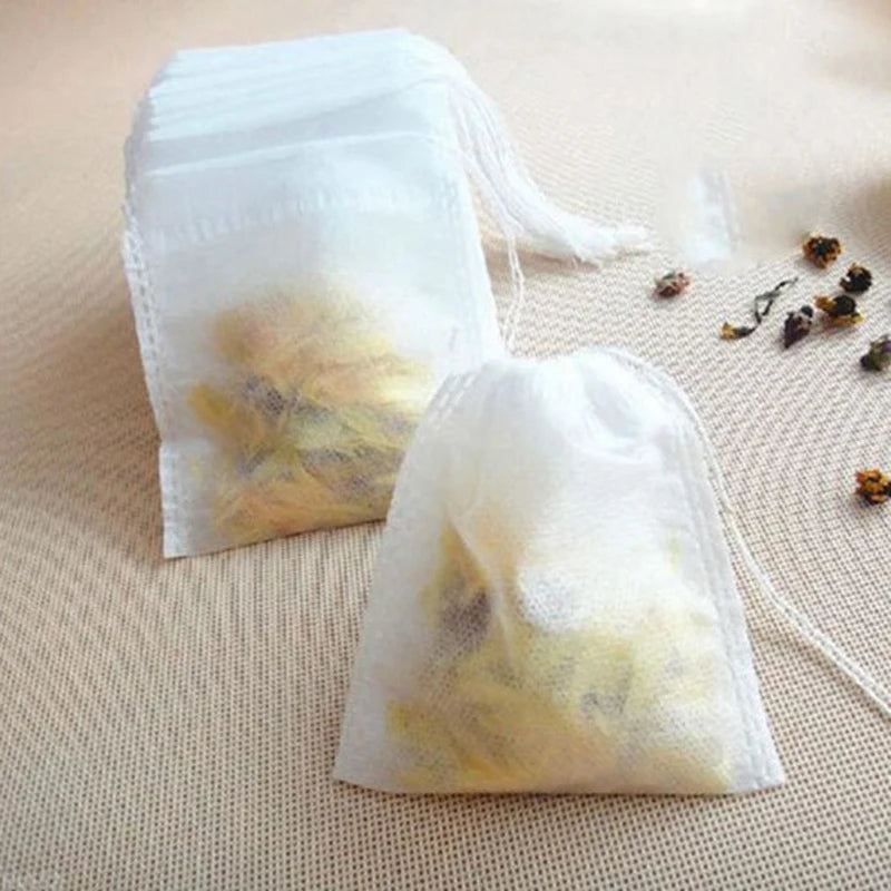 100Pcs Disposable Teabags Non-Woven Fabric Tea Filter Bag for Spice Tea Infuser with Draw String Filter Paper for Herb Loose Tea