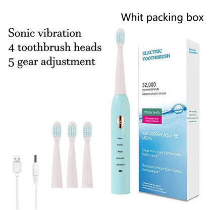 Electric Toothbrush 5-gear Mode USB Charging 4 colors IPX7 Waterproof Ultrasonic Rechargeable Soft Hair Toothbrush Adult Classic