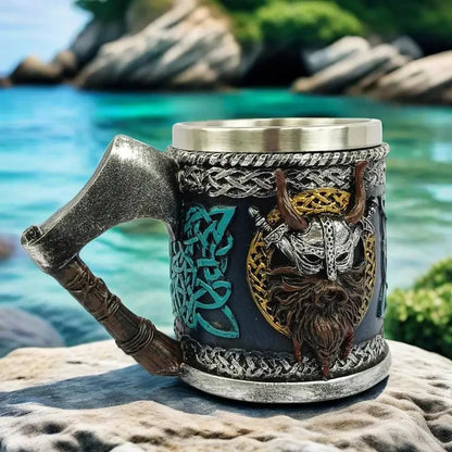 Viking Beer Glass Valhalla Resin Stainless Steel Mug Warrior Beer Steins Drinkware Tomahawk Tankard Coffee Cup Tea Tumbler Decor