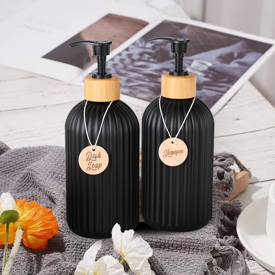 Strip Soap Dispenser with Bamboo Pump Refillable Shampoo Conditioner Hands and Dishes Soap Dispenser Bottle for Kitchen Bathroom