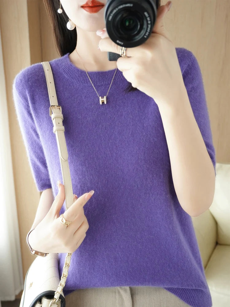 Women Merino Wool Sweater Cashmere Pullover Fashion Basic  O-Neck Knitwear Short Sleeve Elegant T-Shirt Clothing Tops