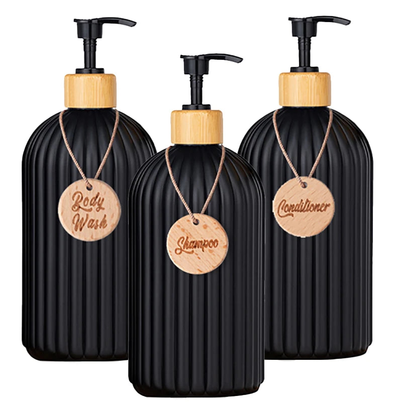 Strip Soap Dispenser with Bamboo Pump Refillable Shampoo Conditioner Hands and Dishes Soap Dispenser Bottle for Kitchen Bathroom