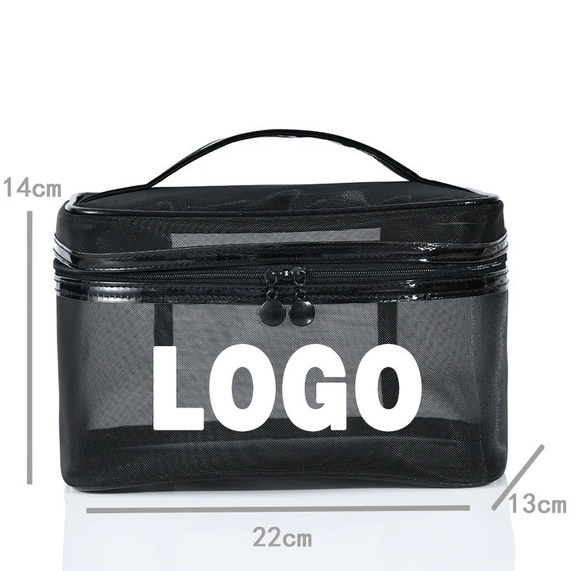 Large Capacity Makeup Bag Black Mesh Women Travel Cosmetic Bag Mirror Brush Toiletry Lipsticks Organizer Storage Bag Custom Seal