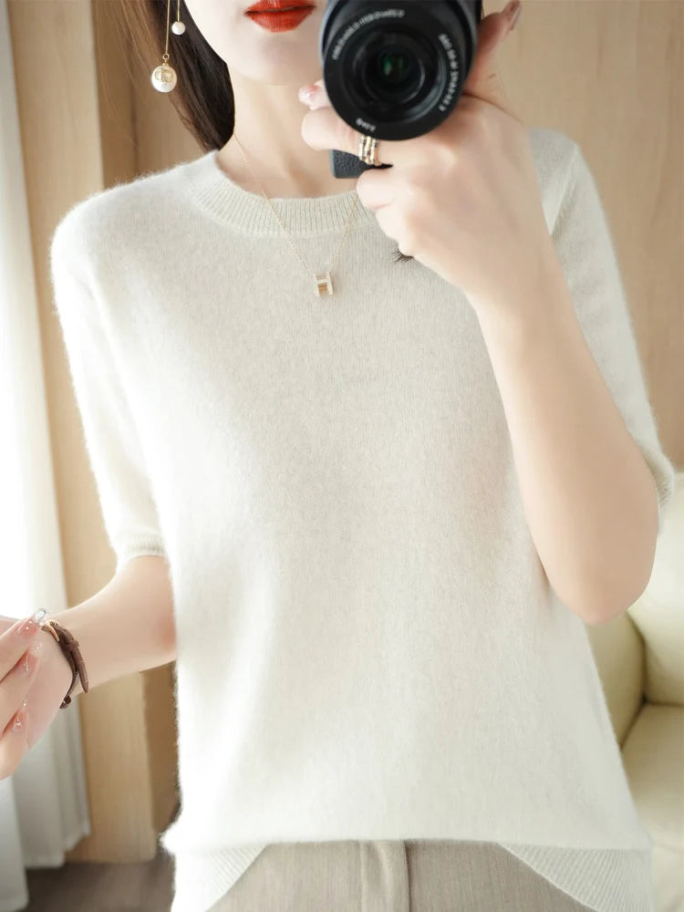 Women Merino Wool Sweater Cashmere Pullover Fashion Basic  O-Neck Knitwear Short Sleeve Elegant T-Shirt Clothing Tops