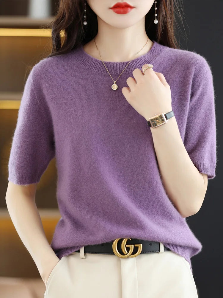 Women Merino Wool Sweater Cashmere Pullover Fashion Basic  O-Neck Knitwear Short Sleeve Elegant T-Shirt Clothing Tops